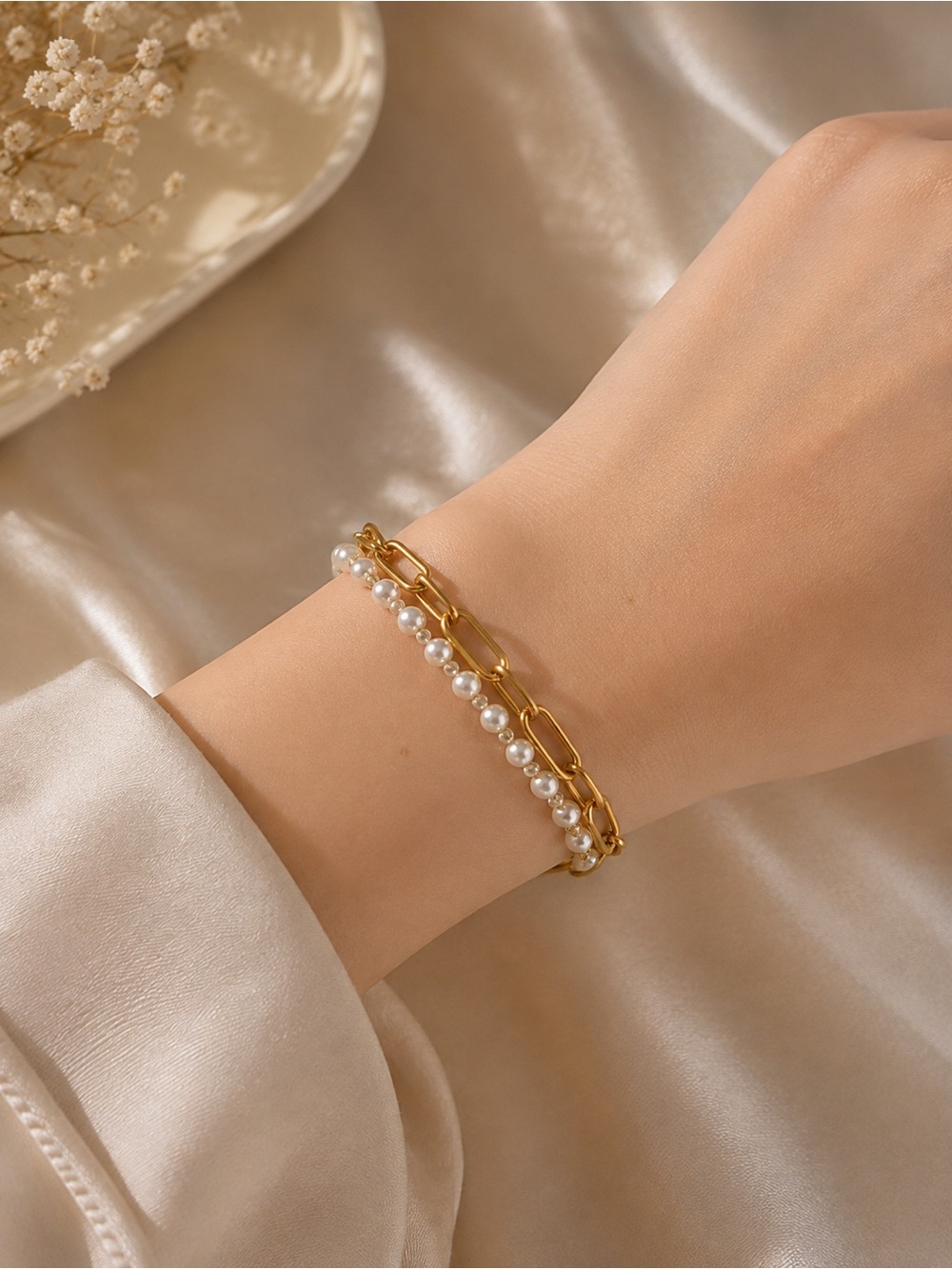 #184 Stainless Steel Faux Pearl & Rhinestone Bracelet Paper Clip